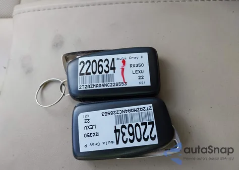 2022 Lexus Rx 350 z USA, uszkodzony, nr VIN 2T2AZMAA4NC228553